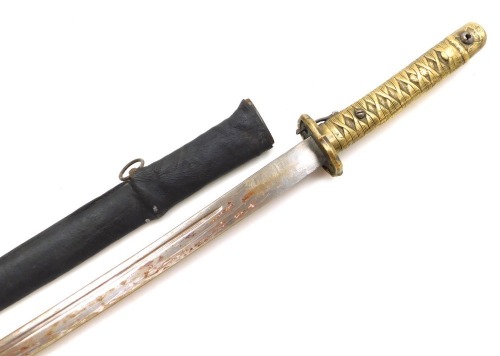 A WWII period Japanese officer's katana sword, the slightly curved blade measuring 67cm, signed with five character mark, with pierced brass tsuba and cast brass grip, with leather bound steel scabbard.