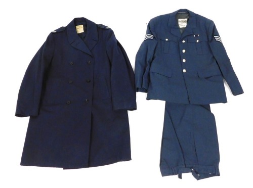An RAF No1 dress tunic, size 176/108/92, by H Edgard & Sons Ltd, with medal ribbon, and a pair of matching trousers, braces and overcoat.