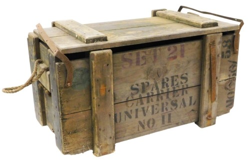 A painted pine ammunition crate, with stencilled lettering set 21 spares carrier universal number II, 40cm high, 70cm wide, 78cm deep.