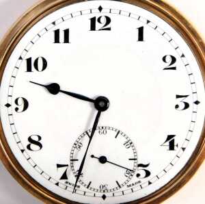 A 9ct gold cased pocket watch, with white enamel numeric dial, blue hand and seconds dial, on a 9ct gold chain with T bar and clip, the chain mounted with 9ct gold wedding band and 22ct gold wedding band, clock key, and an Edward VII half gold sovereign d - 2