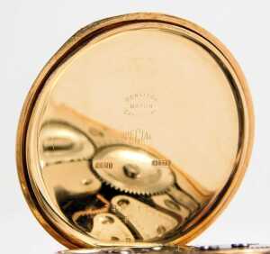 A 9ct gold cased pocket watch, with white enamel numeric dial, blue hand and seconds dial, on a 9ct gold chain with T bar and clip, the chain mounted with 9ct gold wedding band and 22ct gold wedding band, clock key, and an Edward VII half gold sovereign d - 4