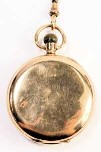 A 9ct gold cased pocket watch, with white enamel numeric dial, blue hand and seconds dial, on a 9ct gold chain with T bar and clip, the chain mounted with 9ct gold wedding band and 22ct gold wedding band, clock key, and an Edward VII half gold sovereign d - 10