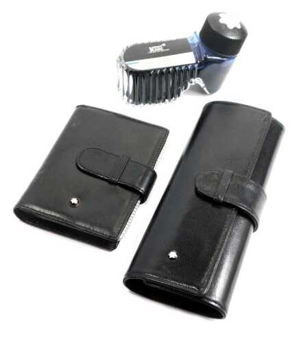 A Montblanc leather card holder, with various plastic inserts, 10.5cm x 8cm, together with a pen case, 16cm wide, and a bottle of black ink, 50ml.