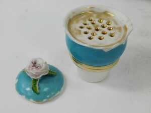 A 19thC Jacob Petit (Fontainebleau) porcelain inkstand, of scrolling and floral encrusted form, in blue and white with gilt highlights, surmounted by figure of a Spaniel, with two porcelain lidded inkwells, signed JP, 30cm high. (AF) - 4