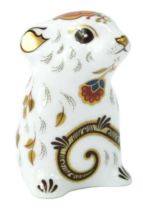 A Royal Crown Derby mouse paperweight, with gold stopper, 7.5cm high, boxed.
