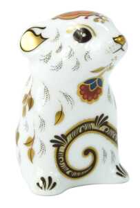 A Royal Crown Derby mouse paperweight, with gold stopper, 7.5cm high, boxed.