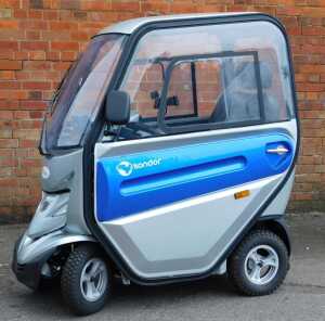 A Kondor Abilize mobility scooter, product number MS03077, serial number 19JSA0012, in a silver and blue finish with instruction booklet, keys and mobility scooter alarm.
