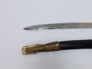 A 19thC officer's dress sword, with black leather wire rung hilt and a curved blade, in leather scabbard, with patterned blade, 95cm long. - 3