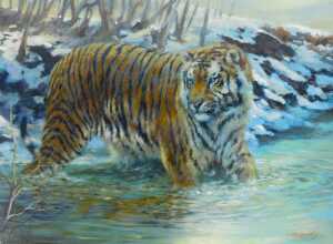 Joel Kirk (20thC School). Cool Cat Siberian Tiger, oil on canvas, signed, gilt framed with certificate of valuation and authenticity for &pound;3900, 49cm x 71cm.