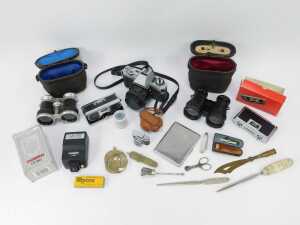 Cameras and binoculars, including a Minolta X300 camera, two sets of field glasses, one with hand written inscription Le Fit Paris, micro midget camera, an amber and 9ct gold rimmed cheroot holder, silver plated cigarette case, agate handled letter opener - 2