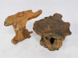 Two carved tree root tables or stools, comprising one lightwood example, 40cm high, 55cm wide, and a darker wood example, 35cm high, 42cm wide. (2) - 2