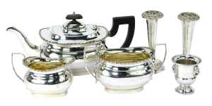 A silver plated three piece tea set, comprising teapot, milk jug, sugar bowl, each with a beaded border and ebonised handle, a pair of silver plated stem vases and a miniature Campana urn. (6)