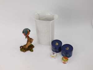 A Kaiser bisque porcelain vase, relief decorated with flowers, printed marks, 24cm high, together with a Country Artists figure modelled as a kingfisher on branch, 19cm high, and two Alastor enamel pill boxes. - 2