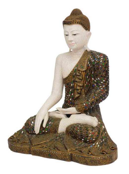 A 20thC Buddha statue, seated wearing elaborate flowing dress, with green, red and clear sequin decoration, in headdress, 79cm high, 75cm wide, 42cm deep.