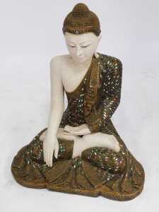 A 20thC Buddha statue, seated wearing elaborate flowing dress, with green, red and clear sequin decoration, in headdress, 79cm high, 75cm wide, 42cm deep. - 2