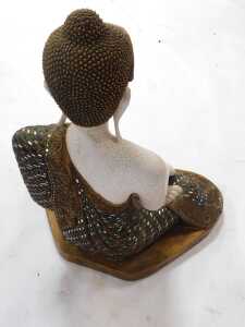 A 20thC Buddha statue, seated wearing elaborate flowing dress, with green, red and clear sequin decoration, in headdress, 79cm high, 75cm wide, 42cm deep. - 3