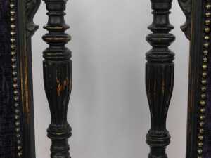 A pair of Victorian ebonised hall chairs, each with a high carved raised back, with later purple upholstered seats and backs, 140cm high, 55cm wide. - 3