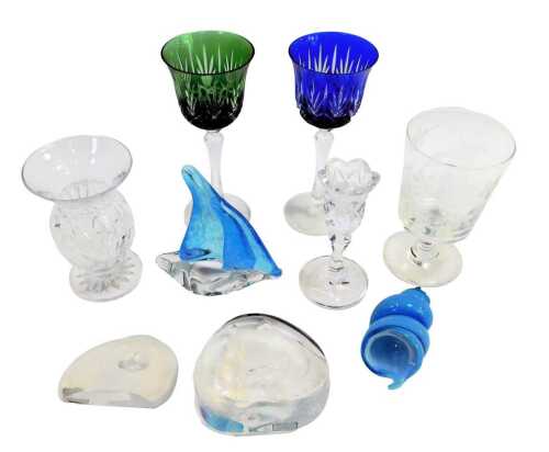 A group of glassware, to include two Bohemian hock glasses in blue and green, 21cm high, a Waterford cut glass vase, 14.5cm high, a Langham glass paperweight modelled as a sailing boat, 15cm high, etc. (1 tray)
