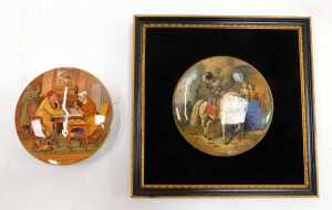 An 18thC blue and white tin glazed earthenware plate, decorated with flowers, 25.5cm wide, together with a pair of Victorian Punch and Judy pottery jugs, 11cm high, two Prattware pot lids, one framed, etc. (1 tray) - 2