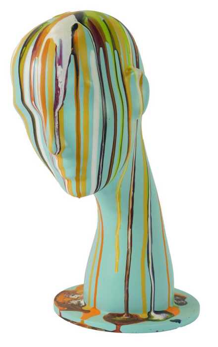 A 20thC mannequin head, in turquoise with painted drip decoration, bearing label to underside Rosa Spa Date 6/6/2007.