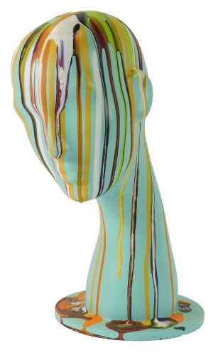 A 20thC mannequin head, in turquoise with painted drip decoration, bearing label to underside Rosa Spa Date 6/6/2007.