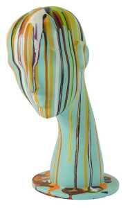 A 20thC mannequin head, in turquoise with painted drip decoration, bearing label to underside Rosa Spa Date 6/6/2007.