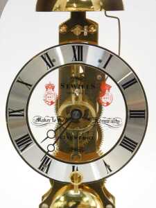 A skeleton clock, with silvered Roman numeric chapter ring for Sewills Liverpool, in a domed case, with faux inlay, on compressed brass feet, 30cm high. - 2
