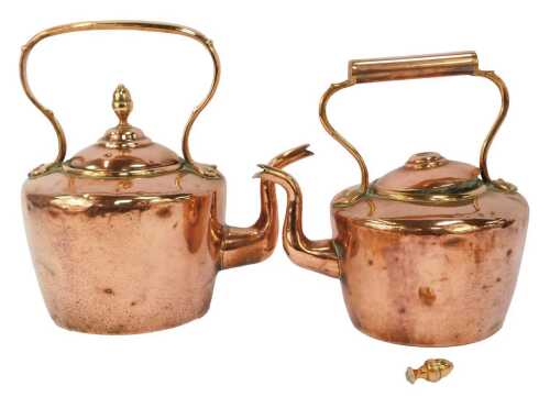 A Victorian copper kettle, with acorn finial to lid and ring handle, 33cm high, and another similar, 27cm high. (AF)