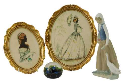 A Nao porcelain figure, modelled as a lady holding fruit basket, feeding geese, 24cm high, together with a Caithness paperweight, Water, limited edition No. 746, 8cm diameter, boxed, and with two portrait silhouettes by Christine Silver.