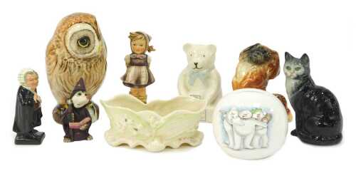 A group of ceramics, including a Beswick pottery cat, in black and grey colourway, 4cm high, a Royal Doulton Snowman money box, a Heather La Rose figure titled Robin, 8cm high, etc. (1 tray)