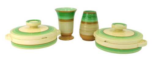 Two Clarice Cliff Newport pottery tureens and covers, each decorated in banded green colourway, printed marks, 19cm diameter, together with two Shelley porcelain vases, decorated with bands of brown and green, 15.5cm high, and 15cm high.
