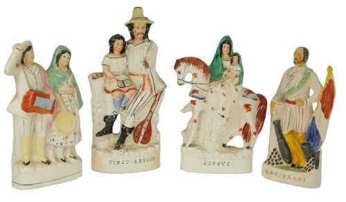 A group of 19thC Staffordshire pottery, including a flat back figure, modelled as Garibaldi, 32cm high, a mother and child on horseback, titled Gypsies, 35cm high, etc.