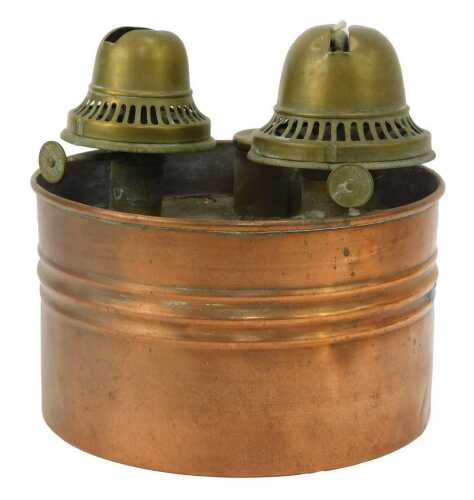 An Edwardian copper and brass chicken coop warmer, named The Wrennall, 20cm high.