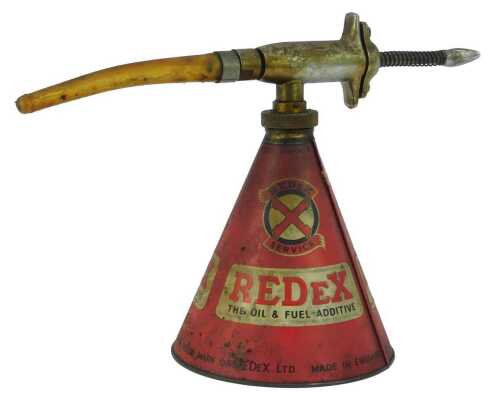 A Redex oil and fuel dispenser, of conical form, in red, 25cm high.