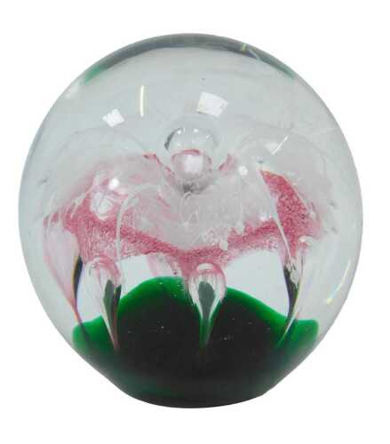 A glass paperweight, of orb form, decorated centrally with a pink and white flower, 11cm high.