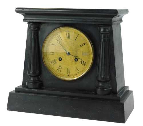 A 19thC black slate mantel clock, the brass circular dial bearing Roman numerals for William Johnson, eight day movement, the case of architectural form, 29.5cm high.