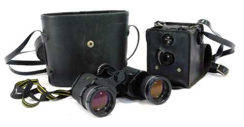 A Coronet twin reflex camera, cased, together with a pair of Miranda 8x40 binoculars, cased.