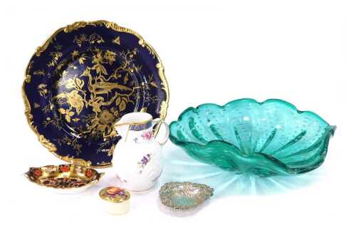 A group of collectables, to include a Royal Crown Derby Imari pattern porcelain dish, 14cm wide, together with a Coalport porcelain plate decorated with birds against a blue ground, gilt heightened, a green bubble glass bowl, 27cm wide, a pierced silver t
