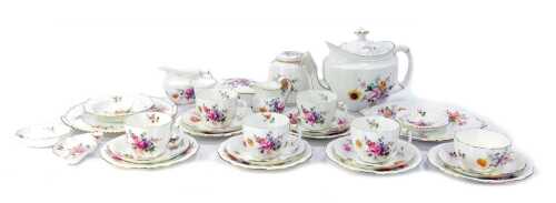 A Royal Crown Derby porcelain Derby Posies part tea service, to include a teapot, teacups and saucers, milk jug, various trinket dishes, etc. (1 tray)