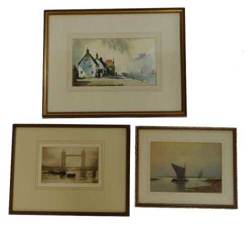 After E J Maybery. Tower Bridge London, etching, signed, 13cm x 20cm, together with C Hannaford. Norfolk Wherry, watercolour, 17cm x 24cm, and John Hoar, pen and ink drawing depicting Bridgeport Hotel by the water, 17.5cm x 29cm. (3)