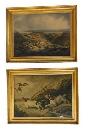 After Philip Reinagle. Moor Shooting, coloured engraving, 37cm x 49cm, together with Springing Spaniels, 36.5cm x 50cm.