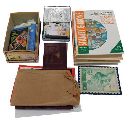 Stamp reference books and guides, comprising three Stanley Gibbons 1995 catalogues, a Christie's Import Stamps and Covers of the World catalogue 1993, post book containing world and UK stamps, stamp collecting, loose tins, wraps, etc. (a quantity)