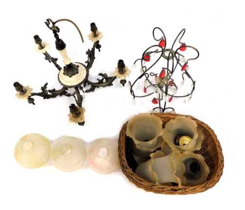 An alabaster and cast metal five-branch light fitting, 46cm high, together with various frosted glass shades, and further hanging light fitting decorated with cut glass droplets in red and clear glass, 38cm high.