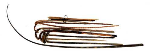 A group of wooden walking sticks, of varying designs, together with a leather coaching whip, etc. (a quantity)