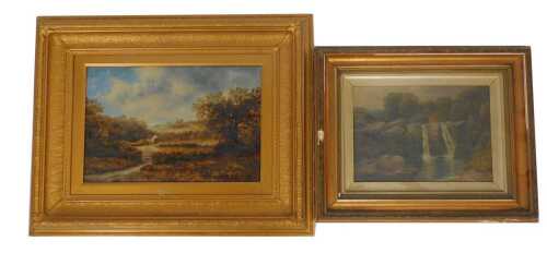 20thC School. A study of a cottage in a rural setting, oil on canvas, unsigned, 32cm x 45cm, together with a waterfall scene, oil on canvas, indistinctly signed, 26cm x 34cm. (2)