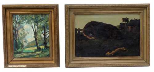 20thC School. A study of a fox circling a hare, caught in a trap, oil on canvas, unsigned, 29.5cm x 44cm, together with a rural scene depicting cattle grazing in the distance, oil on board, indistinctly signed and dated '69, 29.5cm x 24cm. (2)