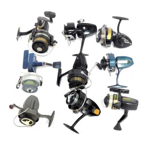 Fixed spool reels, including Silstar 802050, Abu Garcia Mitchell 325, KP Morritts Intrepid Leap, etc. (1 box)