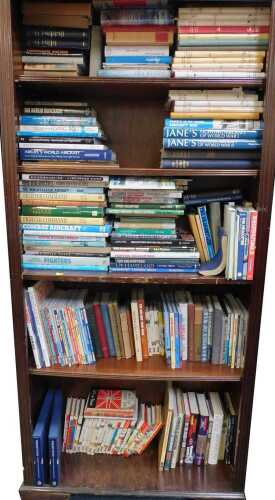 Various aviation related books, to include Jane's Fighting Aircraft of World War I and World War II, books relating to Bomber Command, Tornadoes, F-4 Phantom, etc. (1 bookcase)