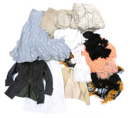 A group of Victorian and later clothing, to include a coral coloured shawl with fringing, undergarments, etc. (1 box)