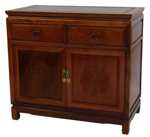 A Chinese hardwood side cabinet, with two drawers above two cupboards, on bracket feet, 84cm high, 92cm wide, 48cm deep.